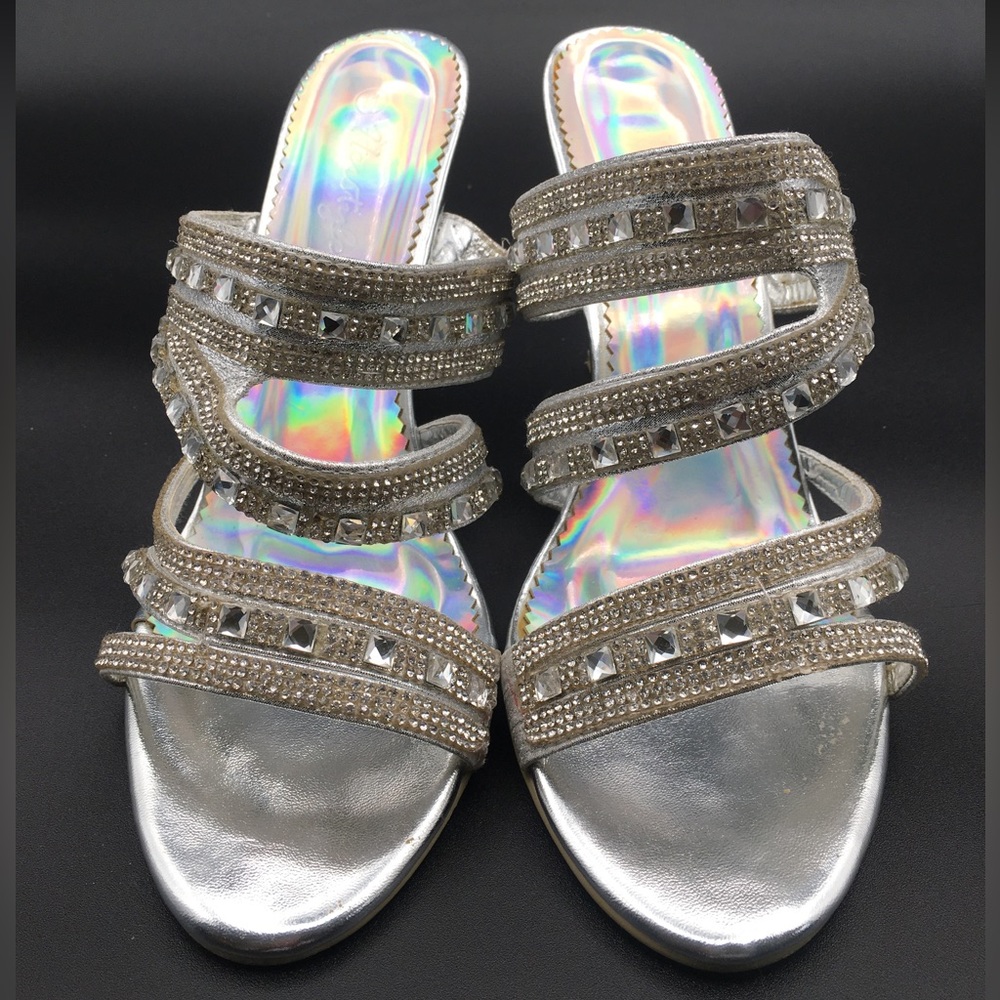 HERSTYLE Iridescent & Rhinestone Heeled Slides/Sandals